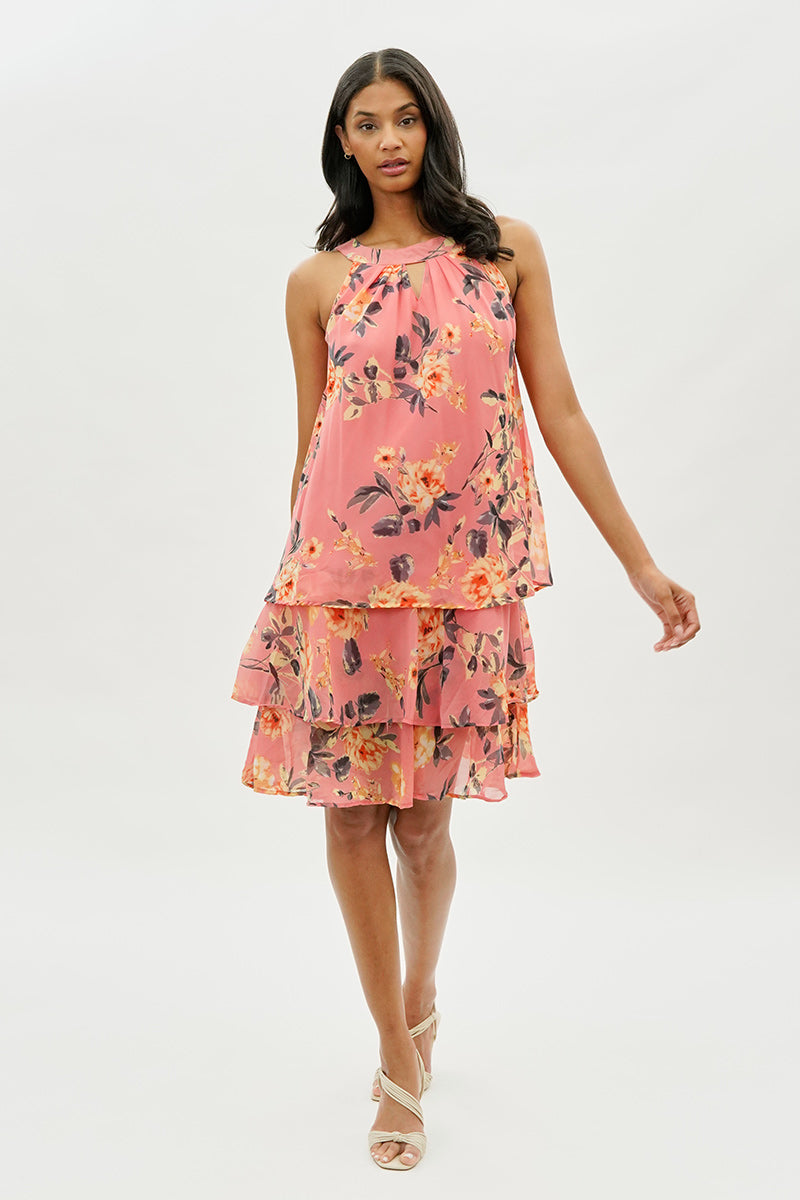 Limite Floral Tiered Halter Neck Cocktail Dress - Pink - Womens Cocktail Dresses - Fairweather