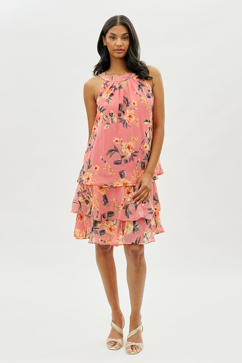 Limite Floral Tiered Halter Neck Cocktail Dress - Pink - Womens Cocktail Dresses - Fairweather