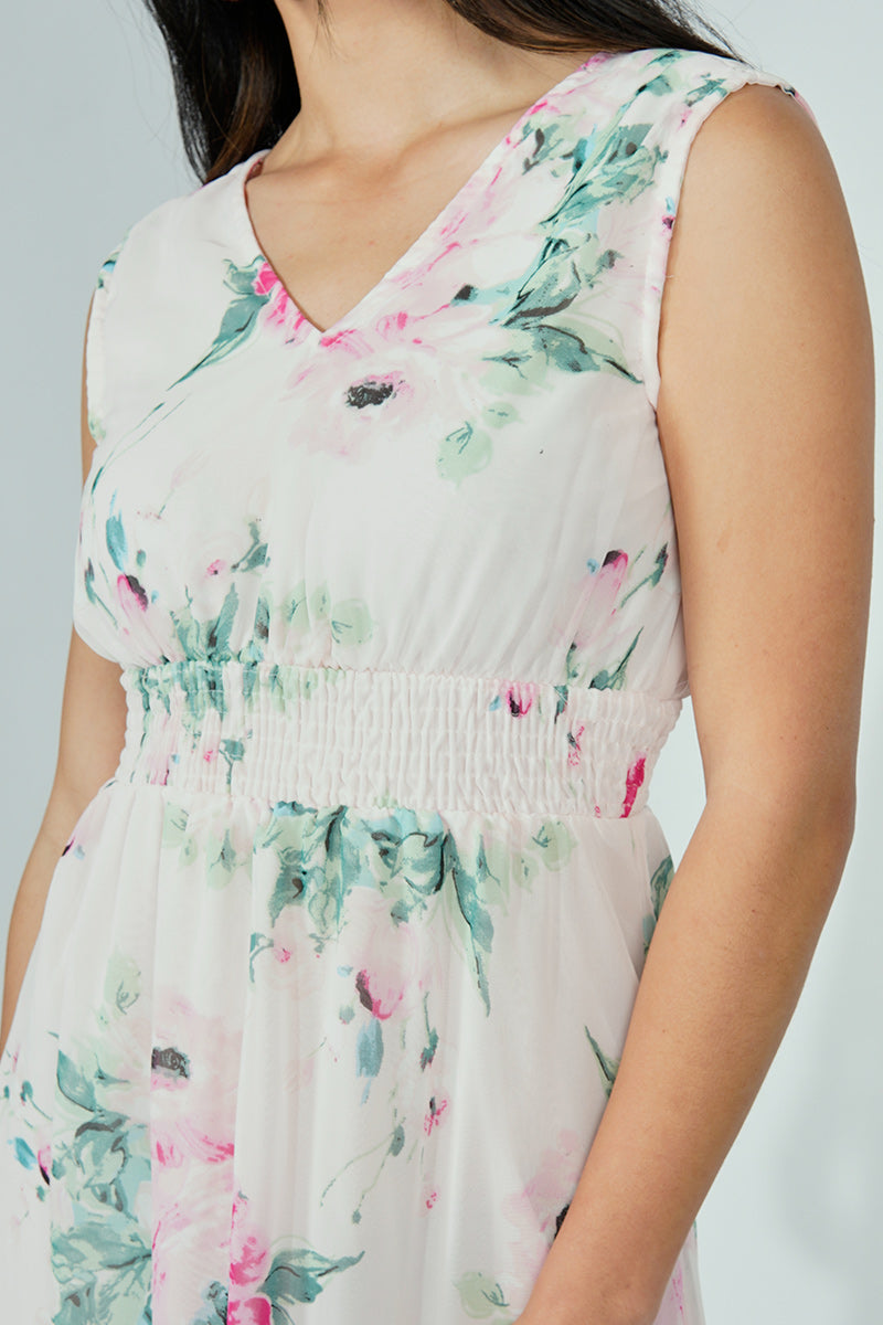 Limite Floral Smocked Waist Maxi Dress - White - Womens Maxi Dresses - Fairweather