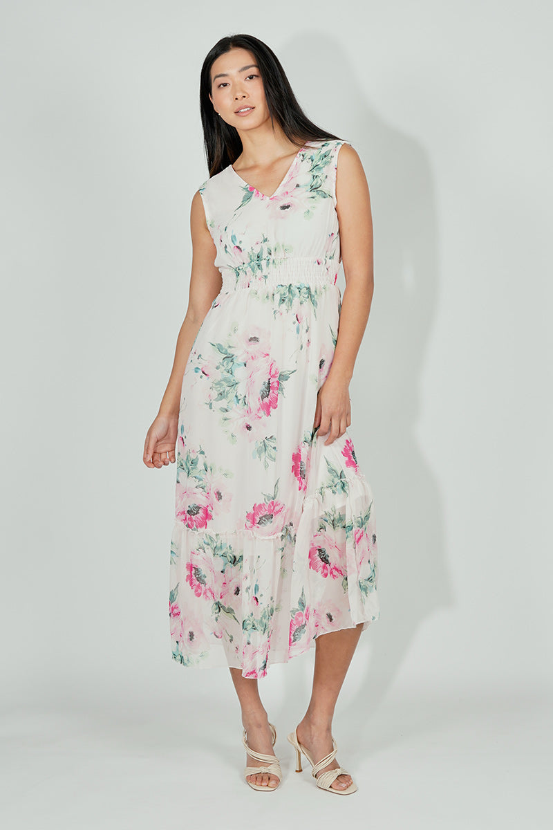Limite Floral Smocked Waist Maxi Dress - White - Womens Maxi Dresses - Fairweather