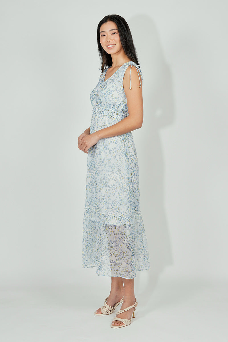 Limite Floral Smocked Shoulder Tie Maxi Dress - Blue - Womens Maxi Dresses - Fairweather