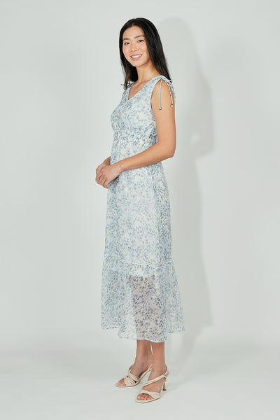 Limite Floral Smocked Shoulder Tie Maxi Dress - Blue - Womens Maxi Dresses - Fairweather