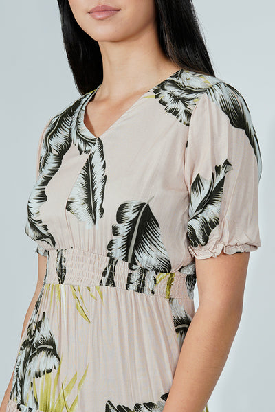 Limite Leaf Print Smocked Tiered Maxi Dress - Beige - Womens Maxi Dresses - Fairweather