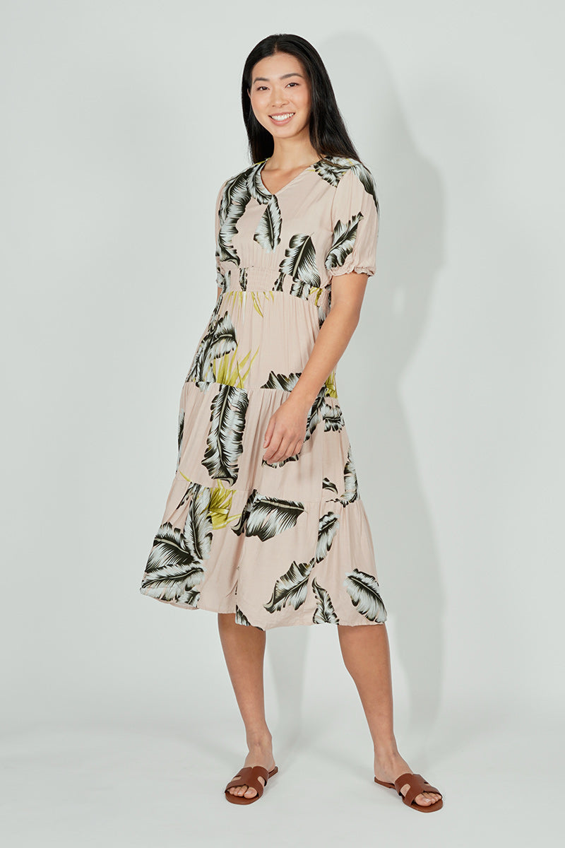 Limite Leaf Print Smocked Tiered Maxi Dress - Beige - Womens Maxi Dresses - Fairweather