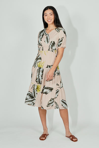 Limite Leaf Print Smocked Tiered Maxi Dress - Beige - Womens Maxi Dresses - Fairweather