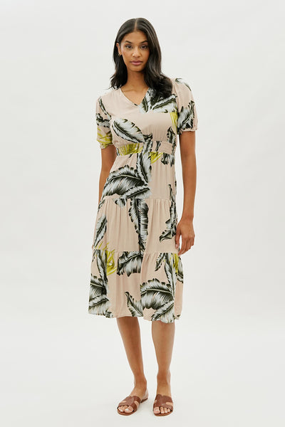 Limite Leaf Print Smocked Tiered Midi Dress - Beige - Womens Midi Dresses - Fairweather