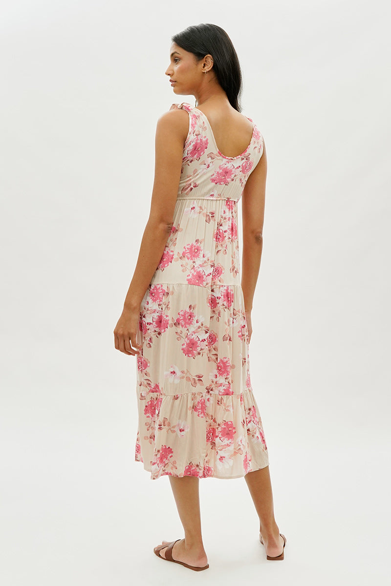 Limite Floral Tiered Shoulder Tie Maxi Dress - Pink - Womens Maxi Dresses - Fairweather