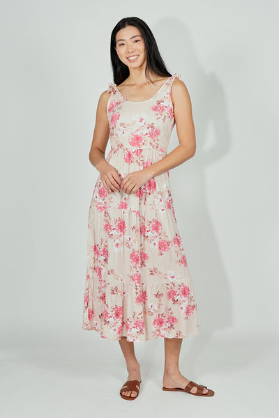 Limite Floral Tiered Shoulder Tie Maxi Dress - Pink - Womens Maxi Dresses - Fairweather