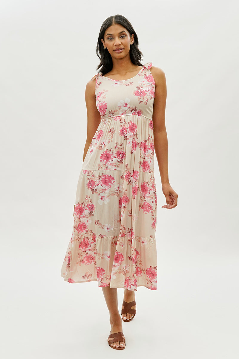 Limite Floral Tiered Shoulder Tie Maxi Dress - Pink - Womens Maxi Dresses - Fairweather