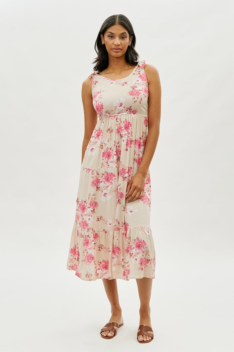 Limite Floral Tiered Shoulder Tie Maxi Dress - Pink - Womens Maxi Dresses - Fairweather