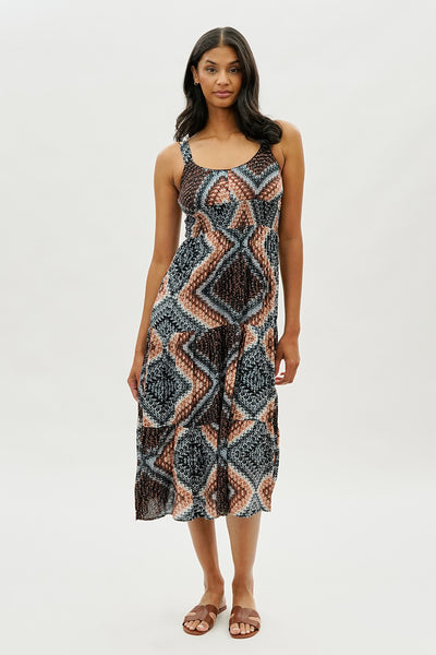 Limite Geometric Print Smocked Waist Midi Dress - Black - Womens Midi Dresses - Fairweather