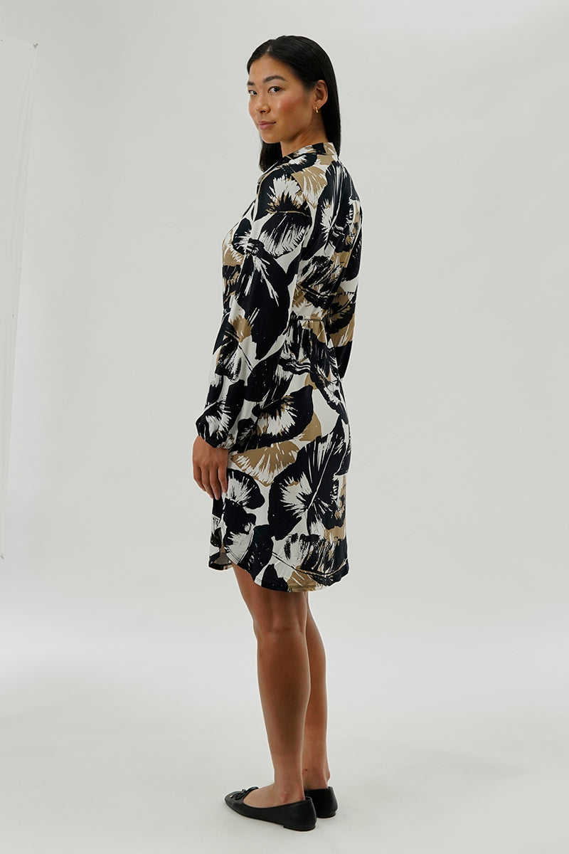 International INC Company Leaf Print Long Sleeve Day Dress - Black - Womens Day Dresses - Fairweather