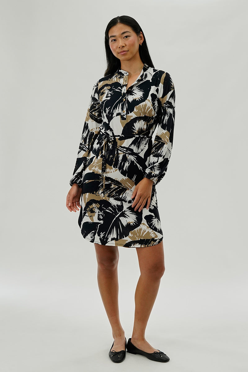 International INC Company Leaf Print Long Sleeve Day Dress - Black - Womens Day Dresses - Fairweather