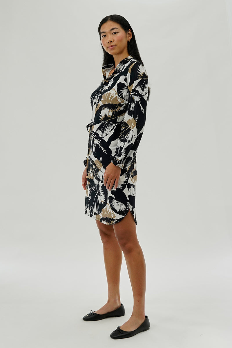 International INC Company Leaf Print Long Sleeve Day Dress - Black - Womens Day Dresses - Fairweather