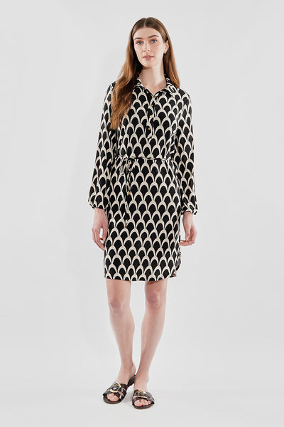 Beechers Brook Patterned Tie Waist Long Sleeve Day Dress - Black