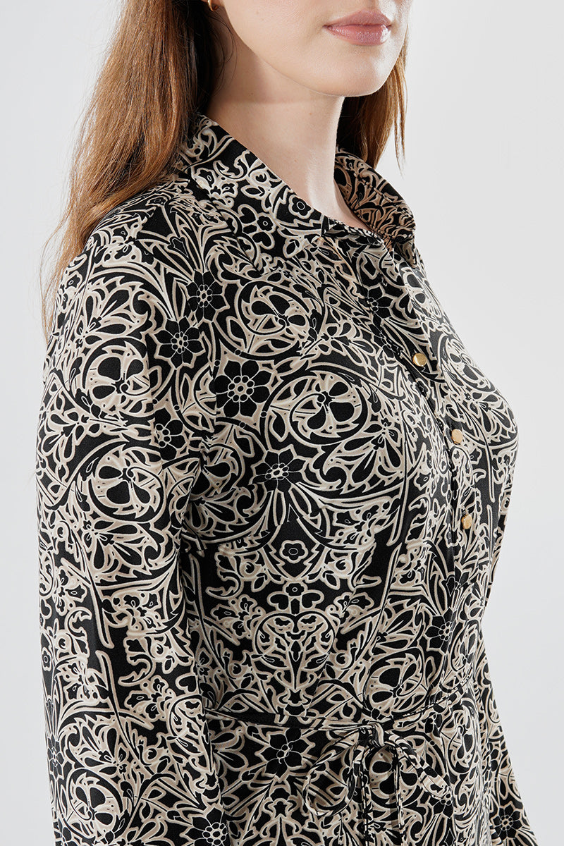 Beechers Brook Floral Tie Waist Long Sleeve Day Dress - Black