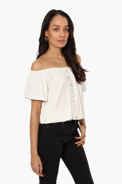 International INC Company Patterned Placket Off Shoulder Blouse - White - Womens Shirts & Blouses - Fairweather