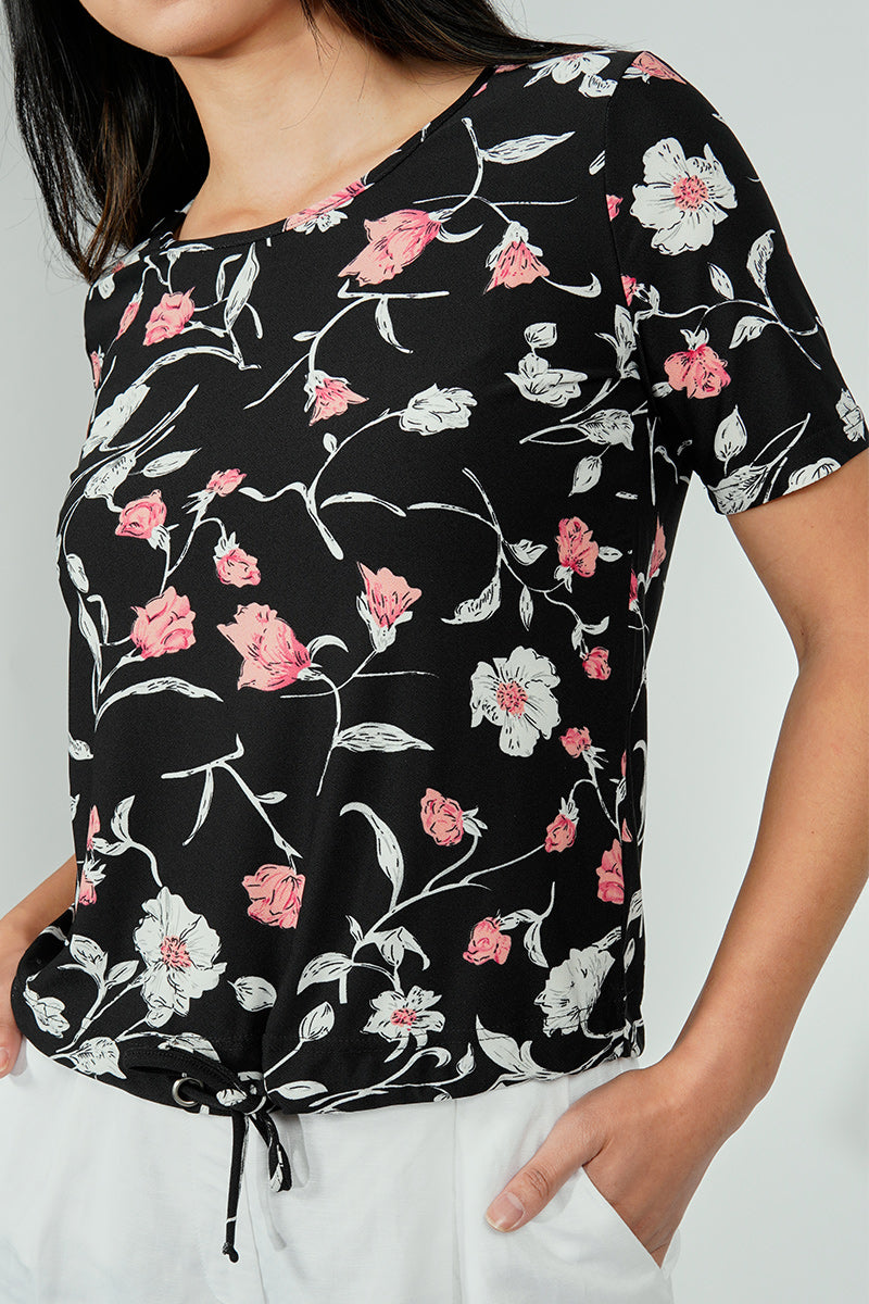 International INC Company Floral Drawstring Detail Tee - Black - Womens Tees & Tank Tops - Fairweather