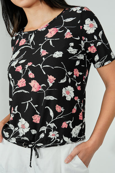 International INC Company Floral Drawstring Detail Tee - Black - Womens Tees & Tank Tops - Fairweather