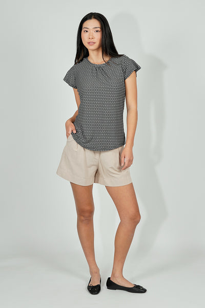 International INC Company Patterned Short Sleeve Cinched Collar Blouse - Black - Womens Shirts & Blouses - Fairweather