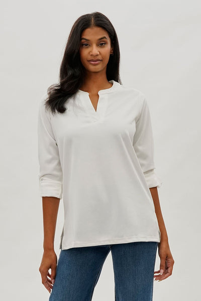 Costa Blanca Split Neck Roll Up Sleeve Blouse - White - Womens Shirts & Blouses - Fairweather