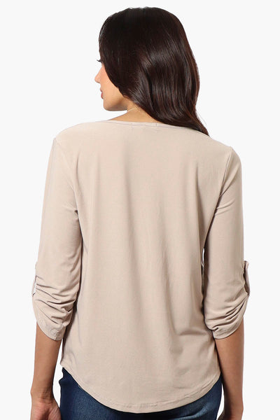 Beechers Brook Solid Roll Up Sleeve Necklace Blouse - Beige - Womens Shirts & Blouses - Fairweather