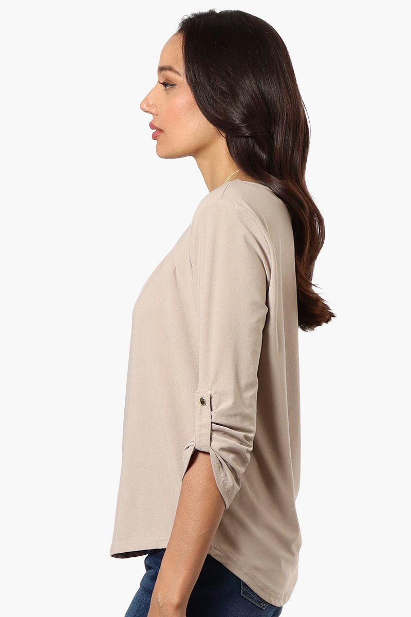 Beechers Brook Solid Roll Up Sleeve Necklace Blouse - Beige - Womens Shirts & Blouses - Fairweather