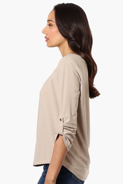 Beechers Brook Solid Roll Up Sleeve Necklace Blouse - Beige - Womens Shirts & Blouses - Fairweather