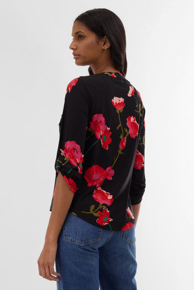 International INC Company Floral Roll Up Sleeve Blouse - Black - Womens Shirts & Blouses - Fairweather