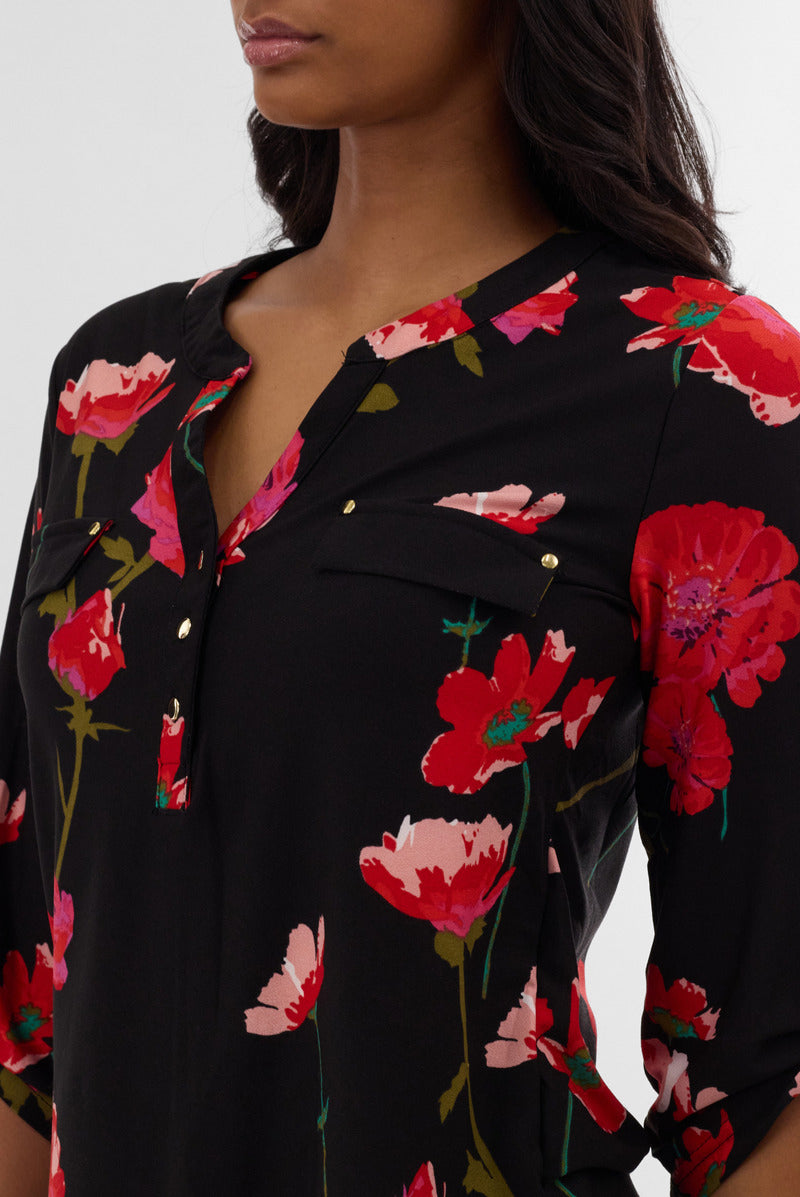 International INC Company Floral Roll Up Sleeve Blouse - Black - Womens Shirts & Blouses - Fairweather