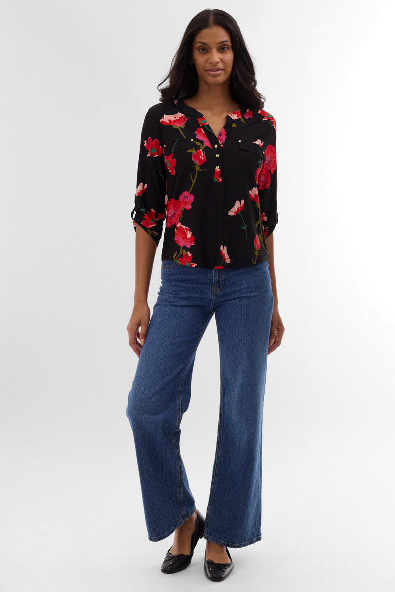 International INC Company Floral Roll Up Sleeve Blouse - Black - Womens Shirts & Blouses - Fairweather