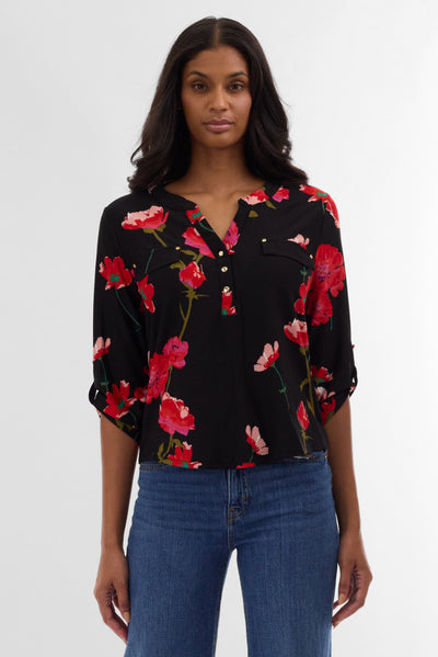 International INC Company Floral Roll Up Sleeve Blouse - Black - Womens Shirts & Blouses - Fairweather