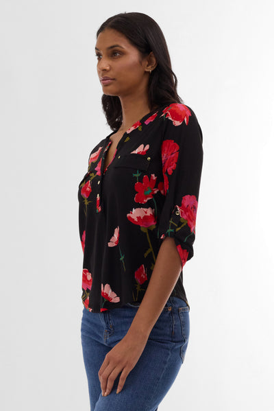 International INC Company Floral Roll Up Sleeve Blouse - Black - Womens Shirts & Blouses - Fairweather