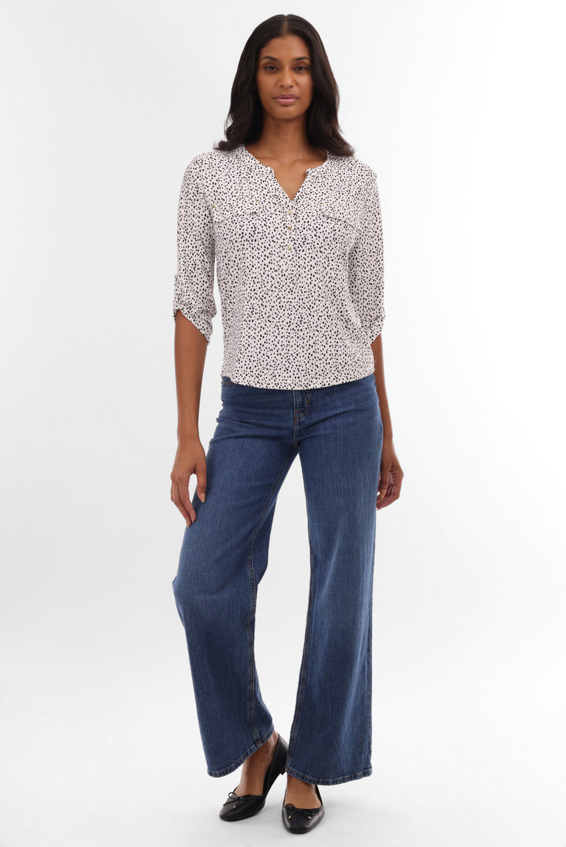 International INC Company Patterned Roll Up Sleeve Blouse - White - Womens Shirts & Blouses - Fairweather