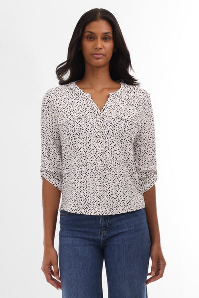 International INC Company Patterned Roll Up Sleeve Blouse - White - Womens Shirts & Blouses - Fairweather