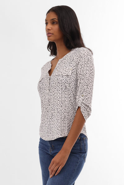 International INC Company Patterned Roll Up Sleeve Blouse - White - Womens Shirts & Blouses - Fairweather