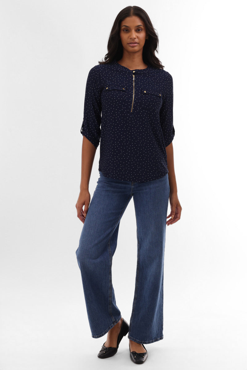 International INC Company Polka Dot Half Zip Blouse - Navy - Womens Shirts & Blouses - Fairweather