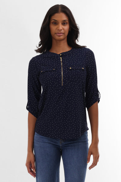 International INC Company Polka Dot Half Zip Blouse - Navy - Womens Shirts & Blouses - Fairweather