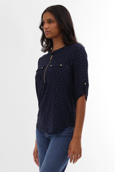 International INC Company Polka Dot Half Zip Blouse - Navy - Womens Shirts & Blouses - Fairweather