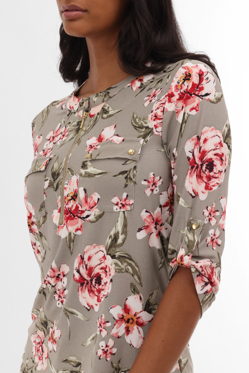 International INC Company Floral Half Zip Blouse - Olive - Womens Shirts & Blouses - Fairweather