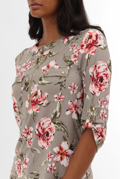International INC Company Floral Half Zip Blouse - Olive - Womens Shirts & Blouses - Fairweather