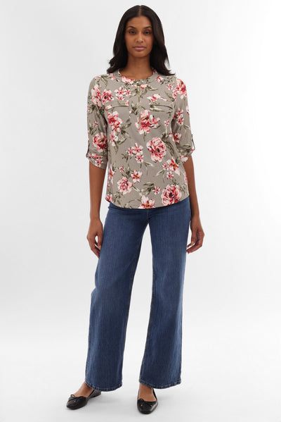 International INC Company Floral Half Zip Blouse - Olive - Womens Shirts & Blouses - Fairweather