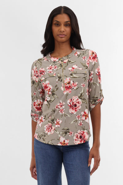 International INC Company Floral Half Zip Blouse - Olive - Womens Shirts & Blouses - Fairweather