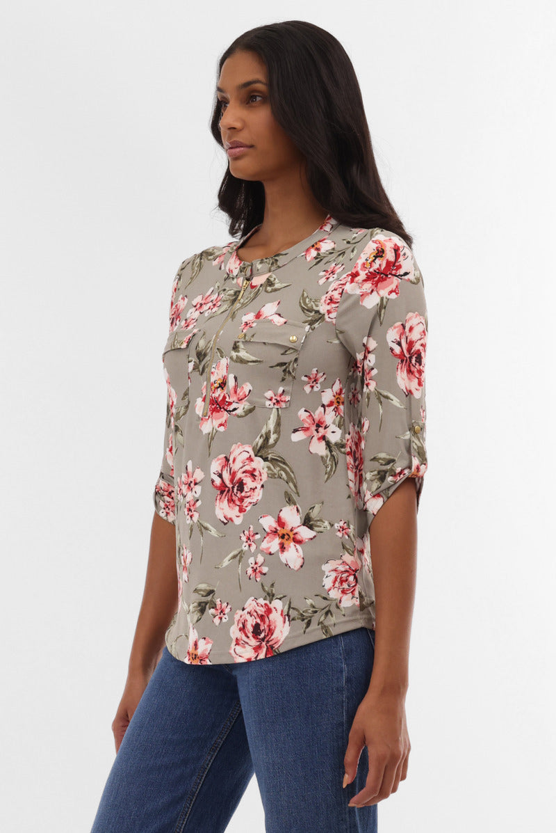 International INC Company Floral Half Zip Blouse - Olive - Womens Shirts & Blouses - Fairweather