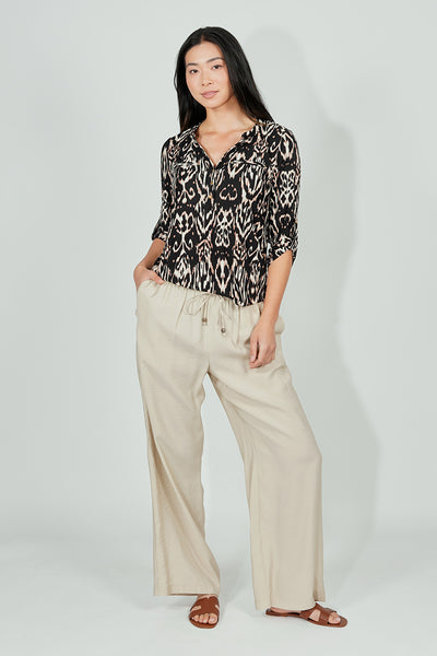 Beechers Brook Patterned Roll Up Sleeve Henley Blouse - Black - Womens Shirts & Blouses - Fairweather