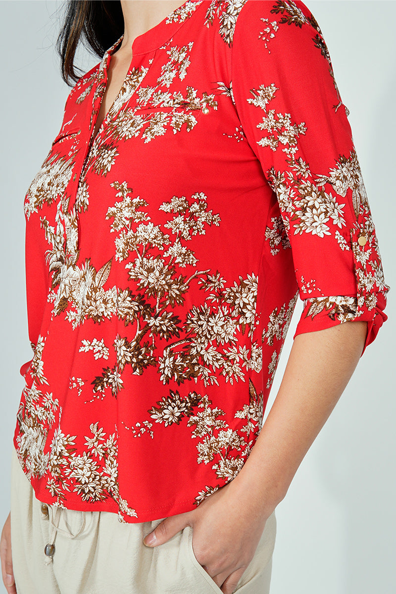 Beechers Brook Floral Roll Up Sleeve Henley Blouse - Red - Womens Shirts & Blouses - Fairweather