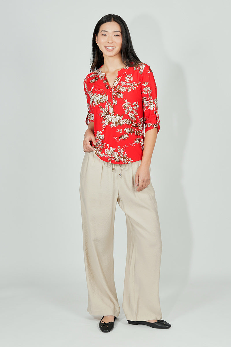 Beechers Brook Floral Roll Up Sleeve Henley Blouse - Red - Womens Shirts & Blouses - Fairweather