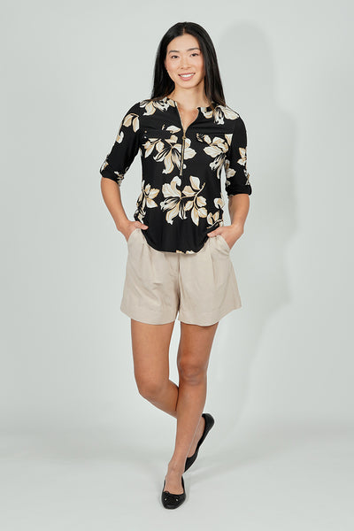 Beechers Brook Floral Roll Up Sleeve Half Zip Blouse - Black - Womens Shirts & Blouses - Fairweather