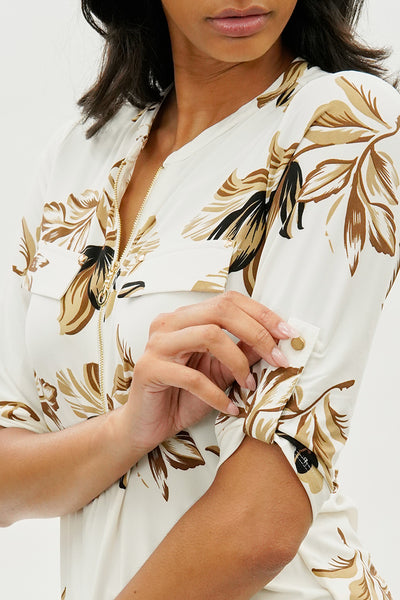 Beechers Brook Floral Roll Up Sleeve Half Zip Blouse - Cream - Womens Shirts & Blouses - Fairweather