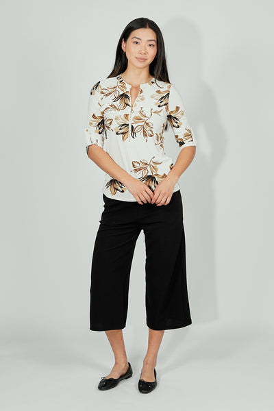 Beechers Brook Floral Roll Up Sleeve Half Zip Blouse - Cream - Womens Shirts & Blouses - Fairweather